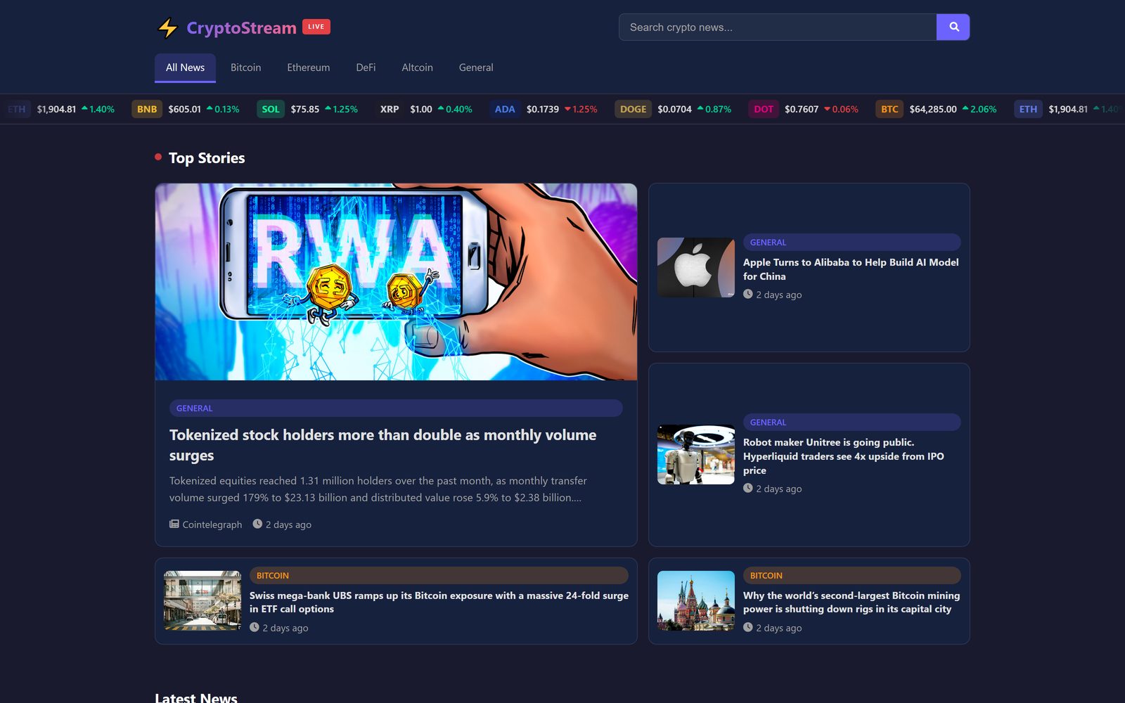 Crypto Stream homepage