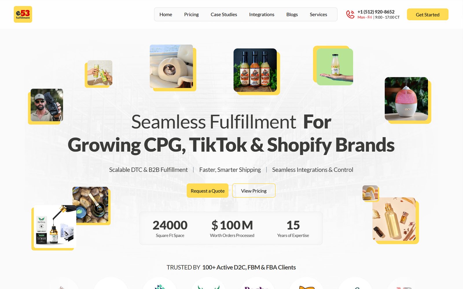 e53 Fulfillment homepage showing client product photography and volume statistics